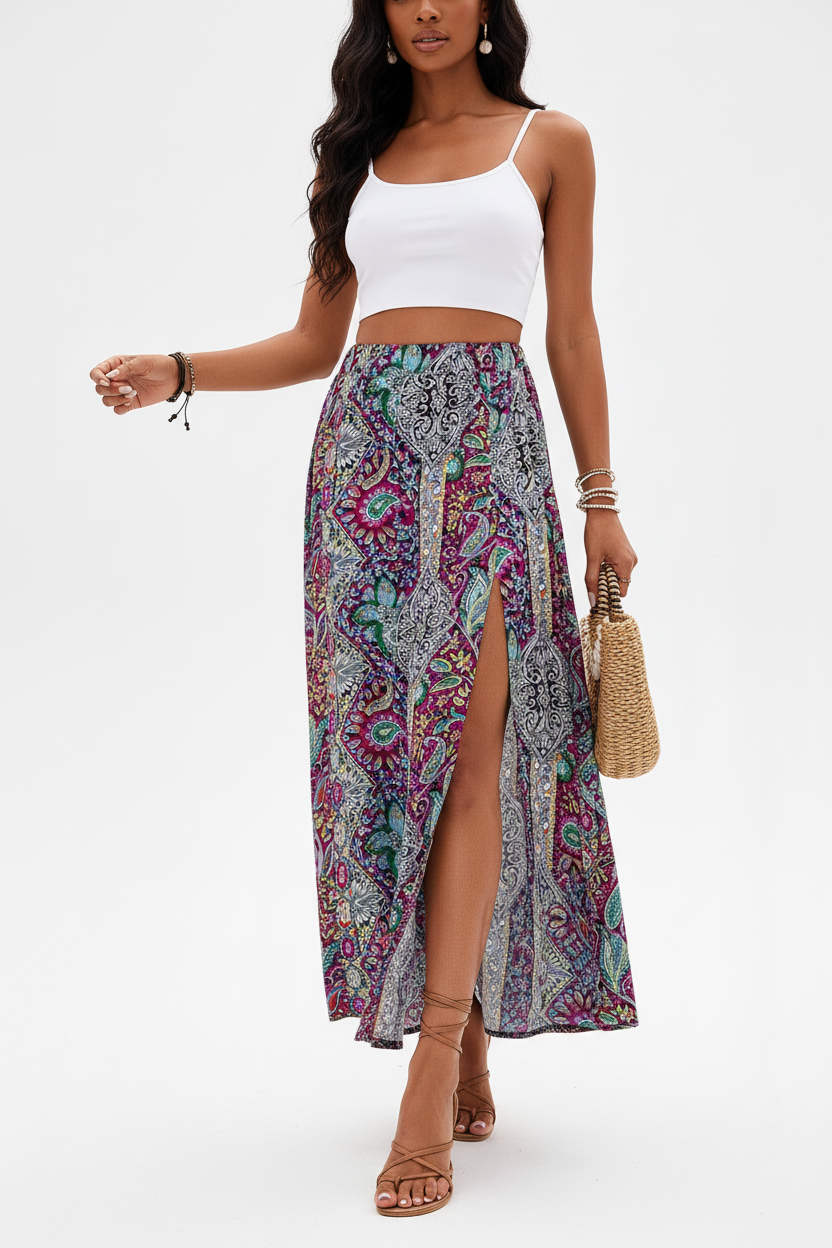Jupe longue bohème Black-Coat à imprimé paisley coloré avec fente latérale - mannequin capturée en pleine marche sur fond blanc studio, montrant le mouvement naturel et fluide de la jupe, la fente latérale qui révèle la jambe avec élégance, l'élégance bohème en mouvement et le tombé parfait du tissu léger