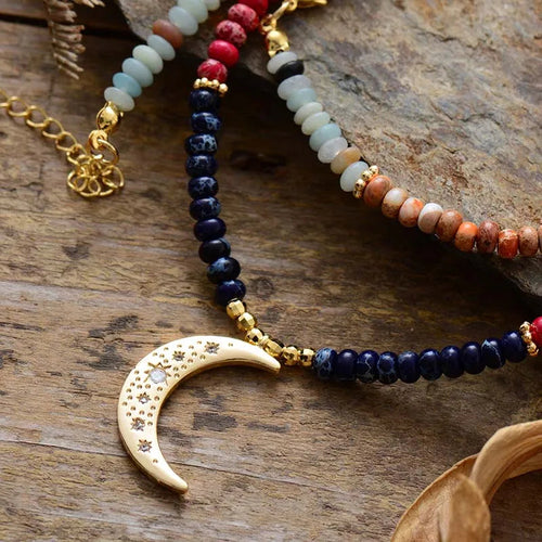 Collier 7 chakras lune pierres naturelles bijou bohème yoga
