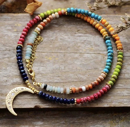 Collier 7 Chakras Lune - Bijou Bohème Yoga Pierre Naturelle
