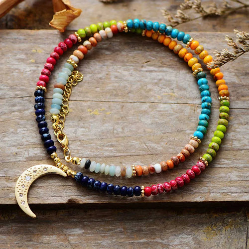 Collier bohème 7 chakras avec pendentif lune et pierres naturelles jaspe impérial""Collier bohème 