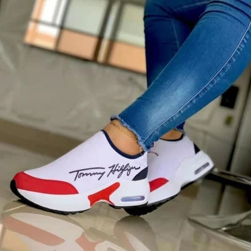"Chaussures sport femme compensées respirantes blanc et rouge 