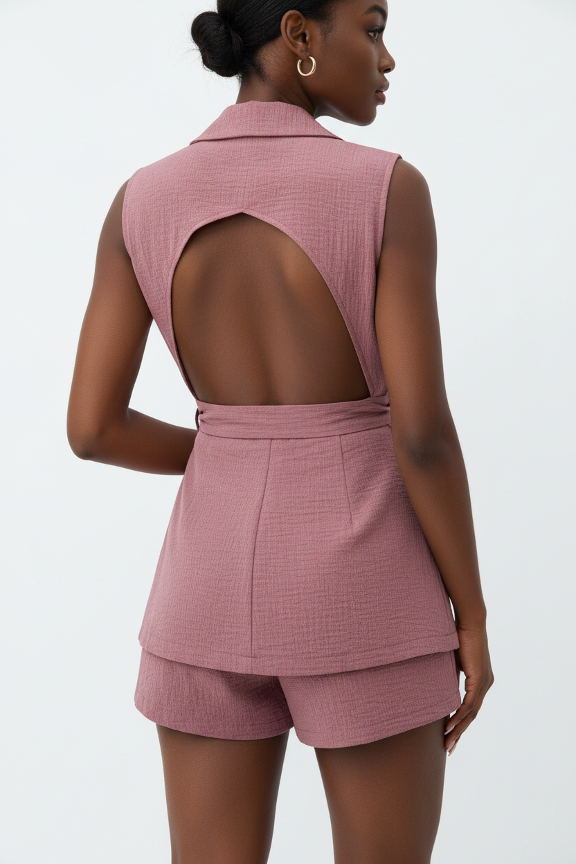Vue arrière de l'ensemble 2 pièces blazer sans manches rose poudré sur fond blanc studio - dos révélant la coupe élégante du blazer, le nœud de la ceinture nouée dans le dos, et le short assorti en rose poudré - Détail du design chic et féminin - Style premium Black-Coat