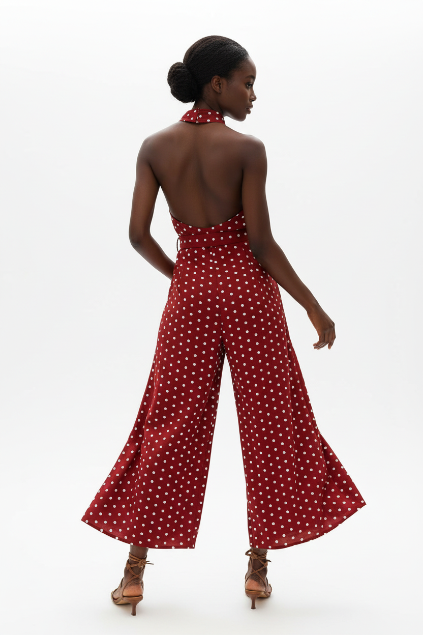 Vue arrière de la combinaison halter à pois bordeaux sur fond blanc studio - dos révélant le dos ouvert élégant du halter, le laçage dans la nuque, et les jambes larges palazzo fluides en bordeaux à pois blancs - Détail du design chic et passionné - Style premium Black-Coat