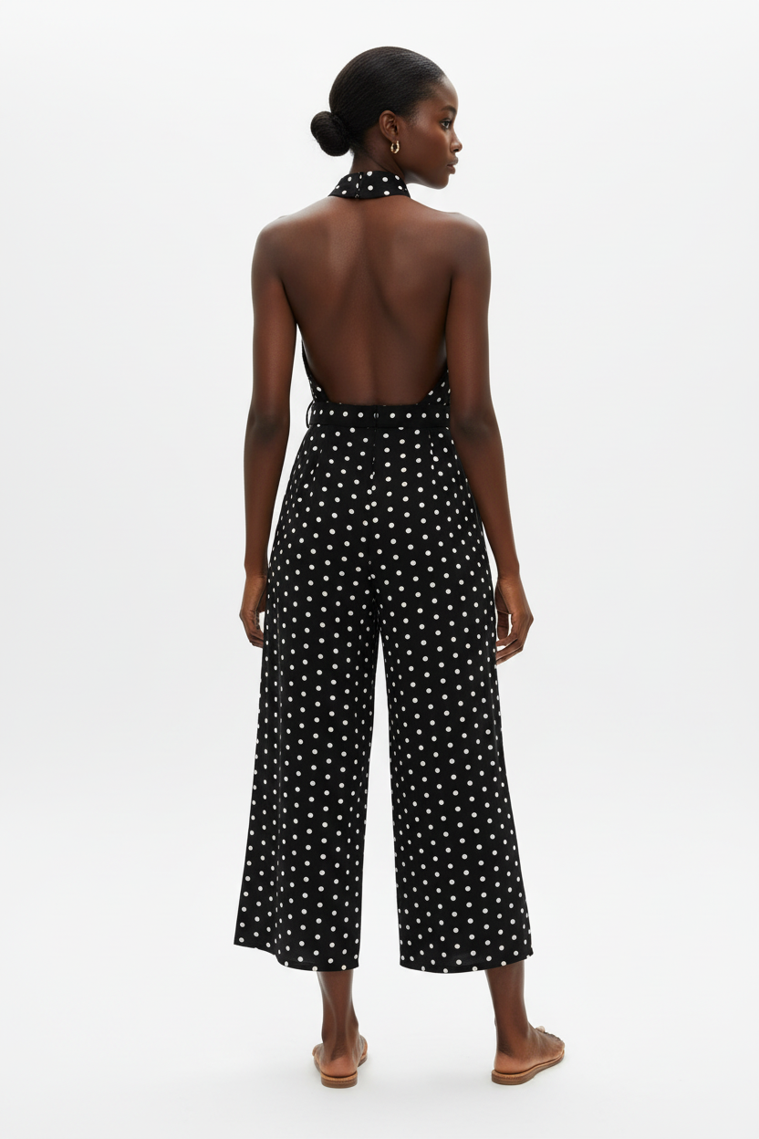 Vue arrière de la combinaison halter à pois noire sur fond blanc studio - dos révélant le dos ouvert élégant du halter, le laçage dans la nuque, et les jambes larges palazzo fluides en noir à pois blancs - Détail du design chic et estival - Style premium Black-Coat