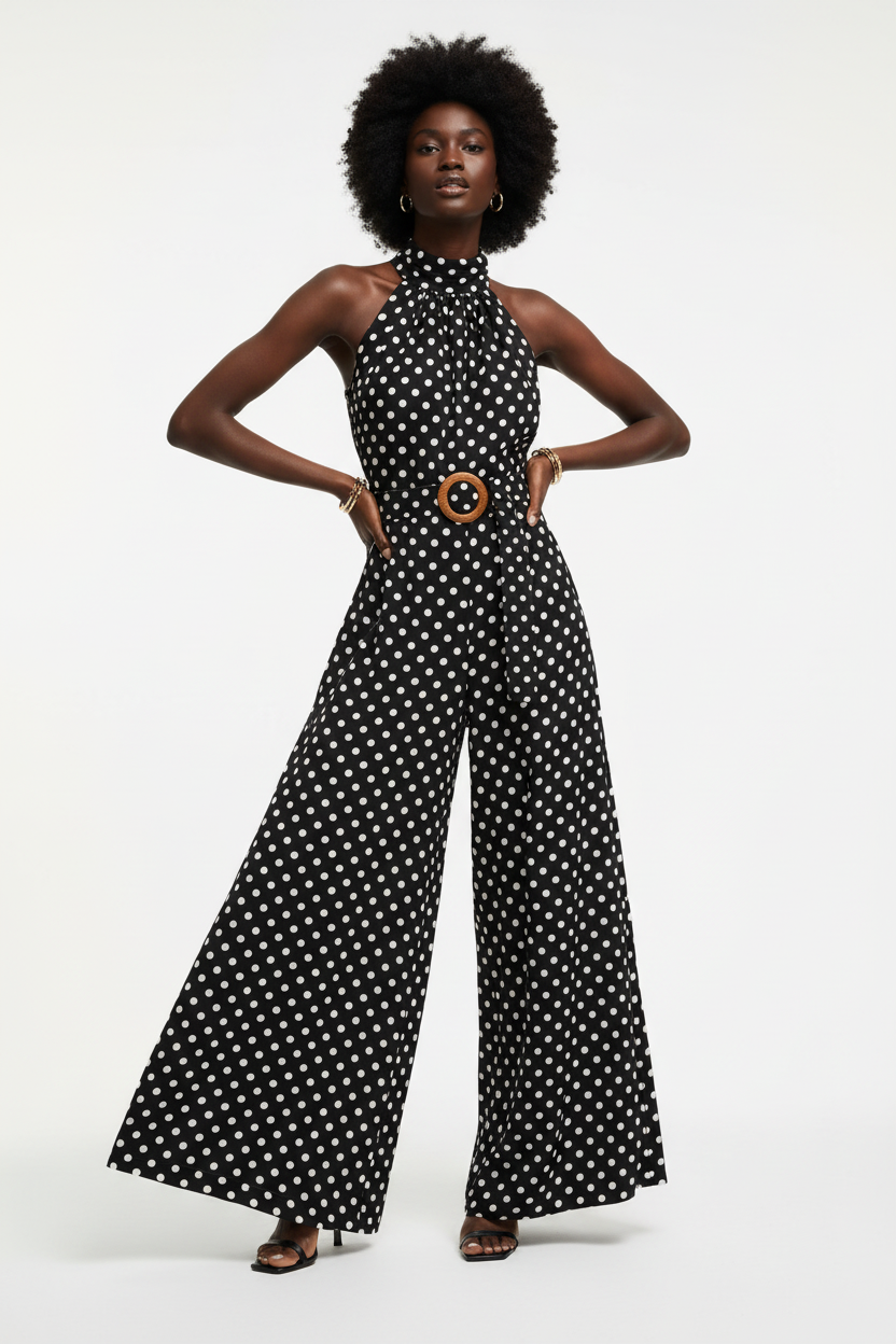 Vue trois-quarts de la combinaison halter à pois noire sur fond blanc studio - angle mettant en valeur le col mock halter froncé raffiné, la ceinture à boucle ronde sculpturale qui affine la taille, et les jambes larges palazzo fluides en noir à pois blancs - Détail de la construction haut de gamme - Style éditorial Black-Coat