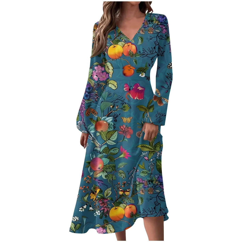 Robe Manches Longues Imprimé Floral Femme - Col V Automne Élégante