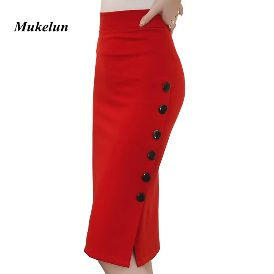 Oversized 2024 Fashion Women Work Midi Skirt OL Sexy Open Slit Button Slim Pencil Skirt Elegant Office Ladies Skirts Red Black