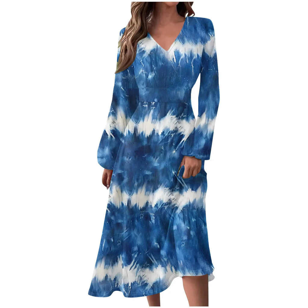 Robe Manches Longues Imprimé Floral Femme - Col V Automne Élégante
