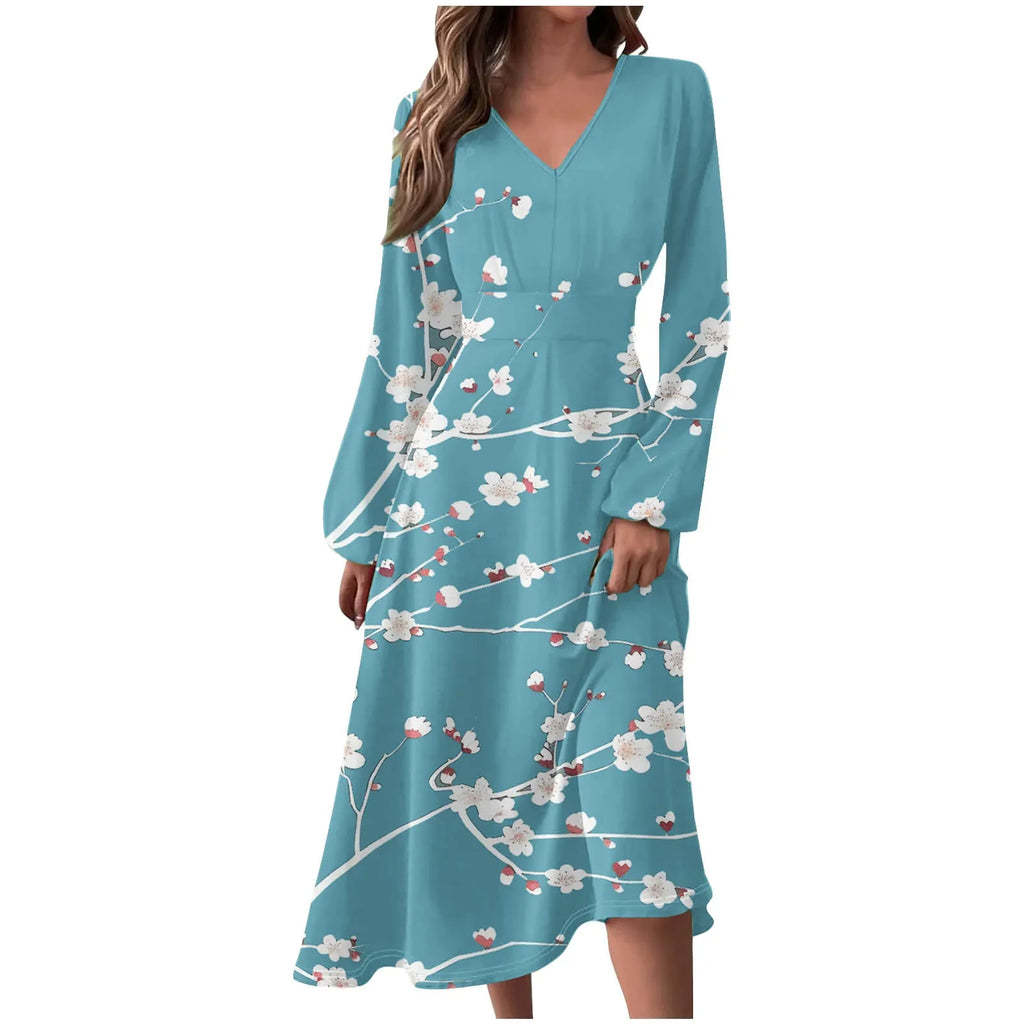 Robe Manches Longues Imprimé Floral Femme - Col V Automne Élégante