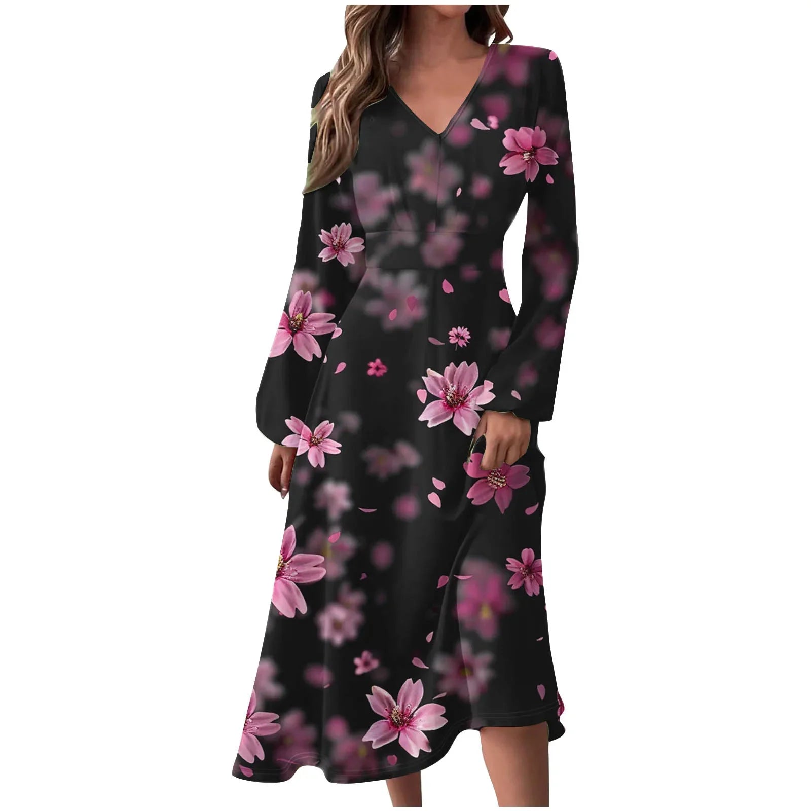 Robe Manches Longues Imprimé Floral Femme - Col V Automne Élégante