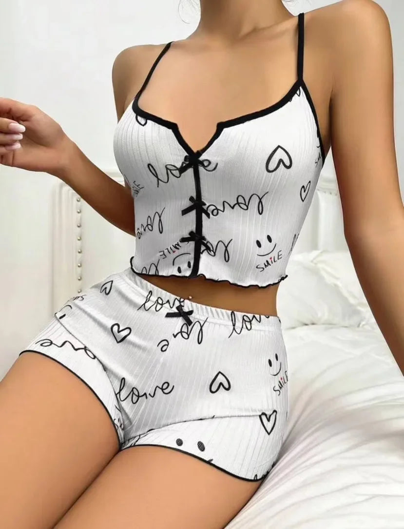 Ensemble Pyjama Dentelle Imprimé Cœur - Lingerie Nuit Sexy
