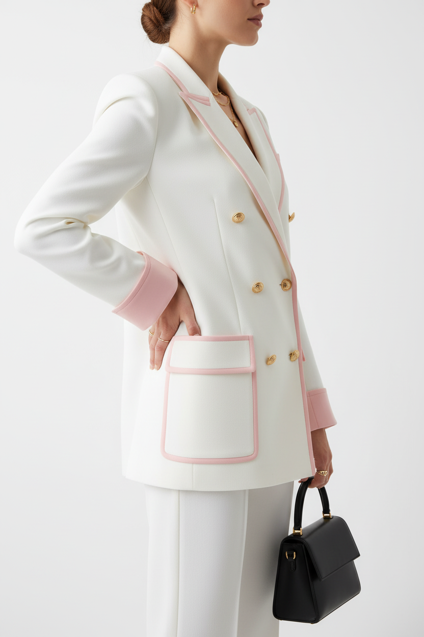 Blazer blanc bordures contrastées roses vue de profil révélant la coupe structurée élégante, les détails de bordure et le style sophistiqué - BLACK-COAT