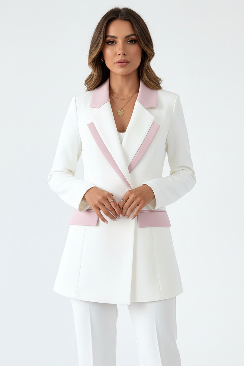 Blazer blanc double boutonnage vue de face montrant les bordures roses contrastées sur col, poches et poignets, les boutons dorés et le style raffiné élégant - BLACK-COAT