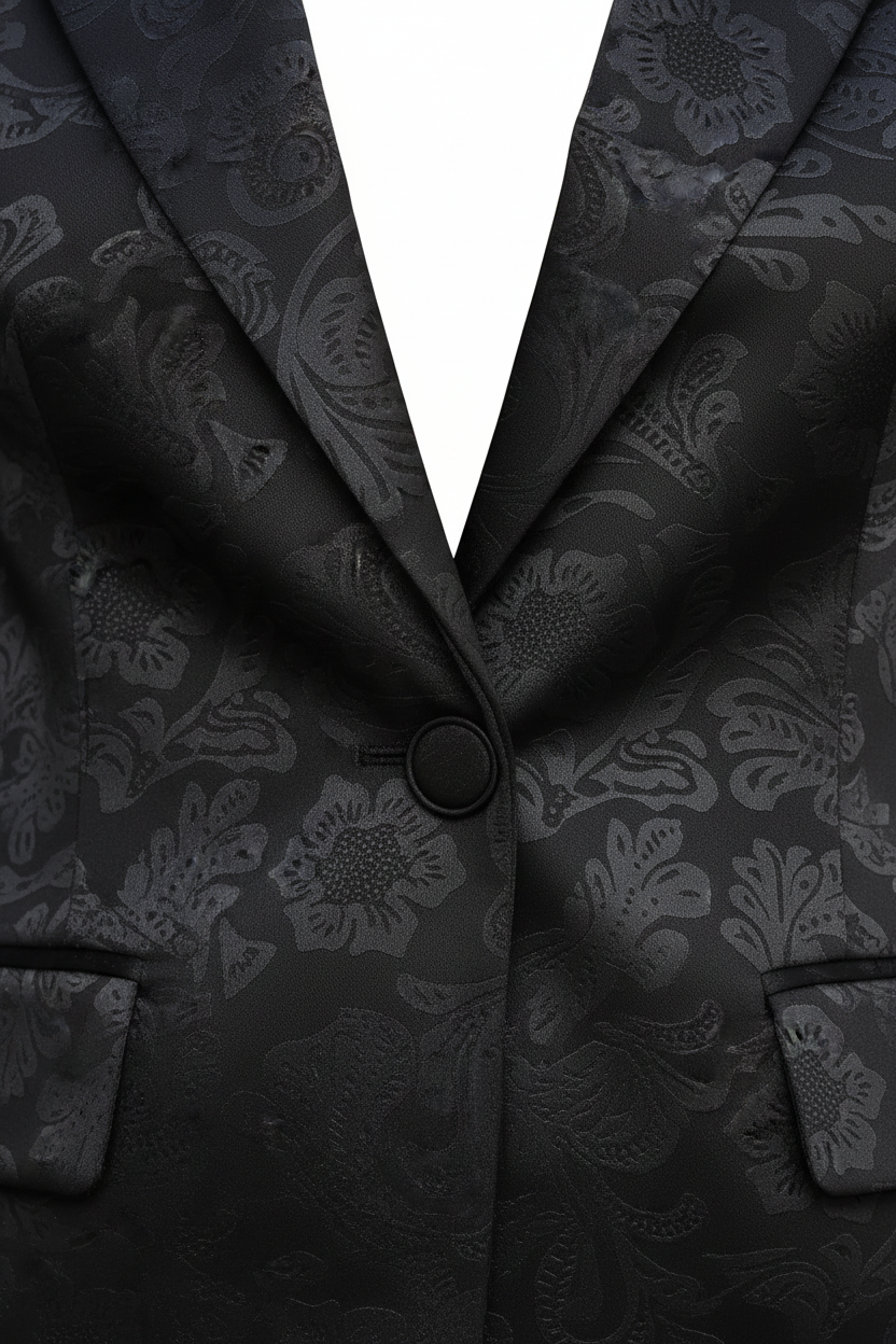Blazer col revers coupe ajustée noir motif floral jacquard veste cintrée femme - détail rapproché de la fermeture boutonnée raffinée, construction des boutons, finitions qualité, tailleur professionnel soigné - BLACK-COAT