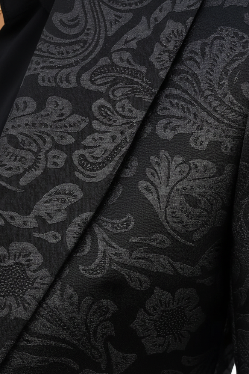 Blazer col revers coupe ajustée noir motif floral jacquard veste cintrée femme - détail rapproché du motif floral jacquard embossé subtil sur tissu noir, texture polyester qualité, détail motif sophistiqué, finition luxueuse - BLACK-COAT