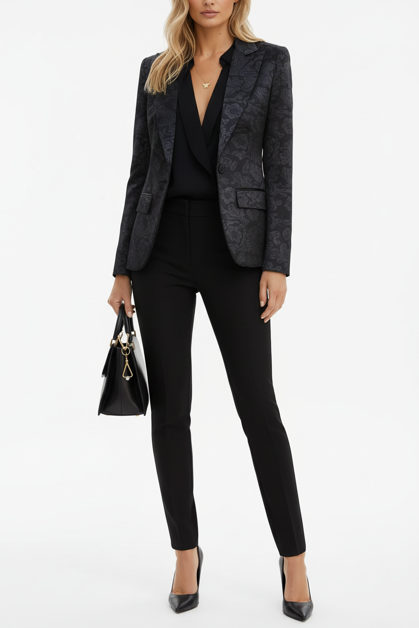 Blazer col revers coupe ajustée noir motif floral jacquard veste cintrée femme - stylé pour look business casual montrant la polyvalence du vêtement, élégance professionnelle décontractée, style chic moderne - BLACK-COAT