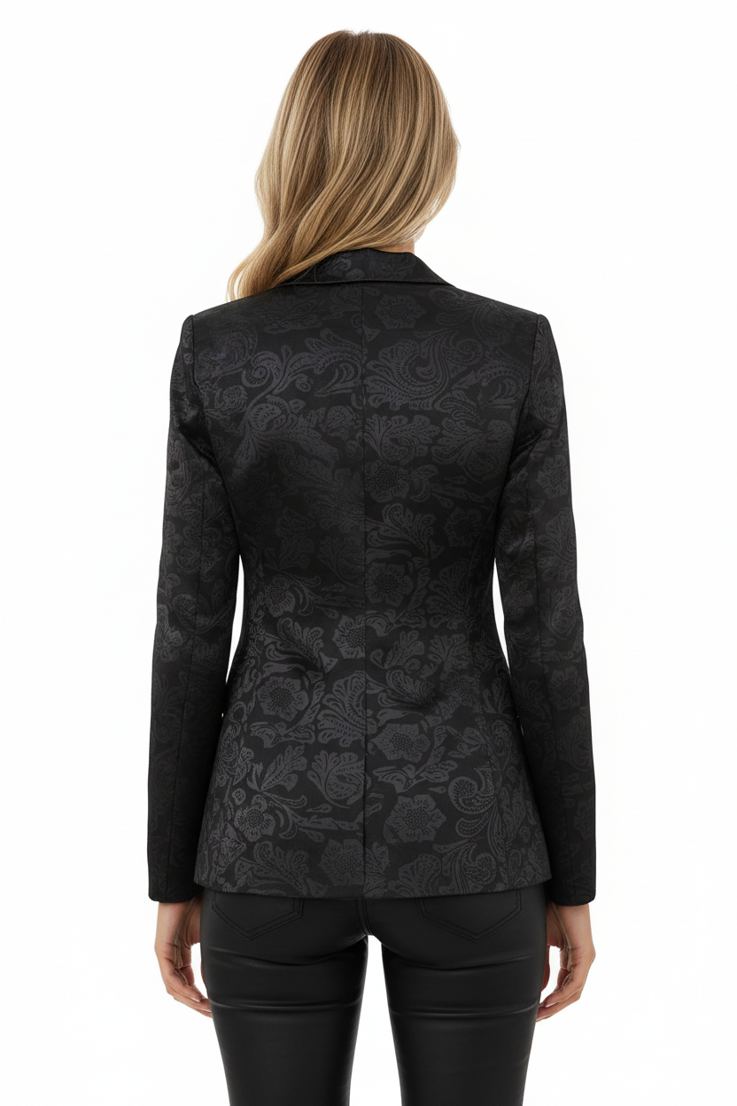 Blazer col revers coupe ajustée noir motif floral jacquard veste cintrée femme - vue arrière montrant le dos tailleur structuré, coupe slim fit ajustée, tissu polyester qualité, coupe professionnelle cintrée - BLACK-COAT