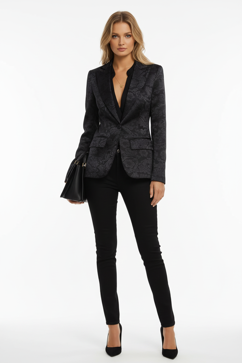 Blazer col revers coupe ajustée noir motif floral jacquard veste cintrée femme - vue de face montrant le col revers élégant, coupe slim fit sculptant la silhouette, motif floral subtil embossé sur tissu noir, constructionnulldoublée, fermeture boutonnée, coupe tailleur professionnelle - BLACK0COAT