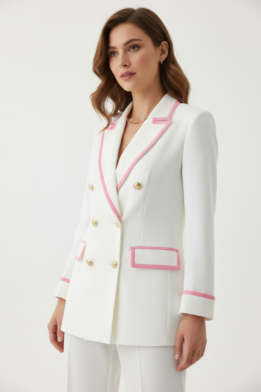 Blazer double boutonnage bordures contrastées vue trois-quarts montrant l'ensemble du design avec détails roses, boutons dorés et élégance raffinée - BLACK-COAT