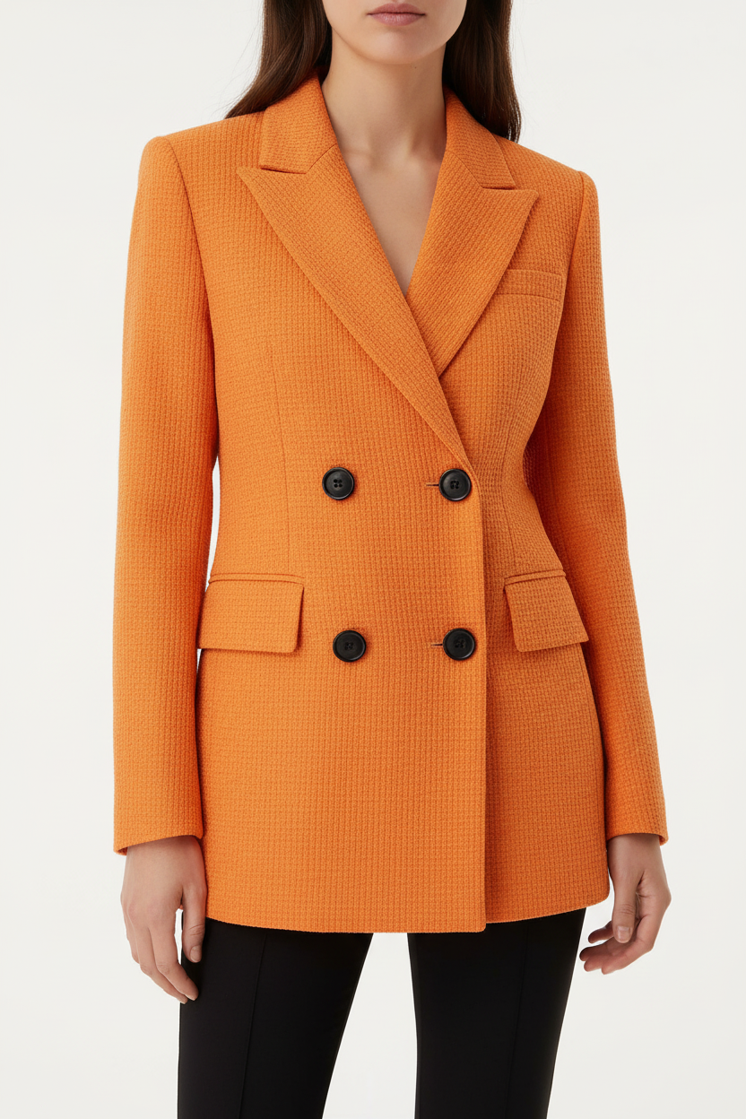 Blazer femme double boutonnage texturé orange veste structurée premium - détail rapproché de la fermeture double boutonnage signature avec boutons noirs, sophistication classique, tissu texturé, finitions raffinées soignées - BLACK-