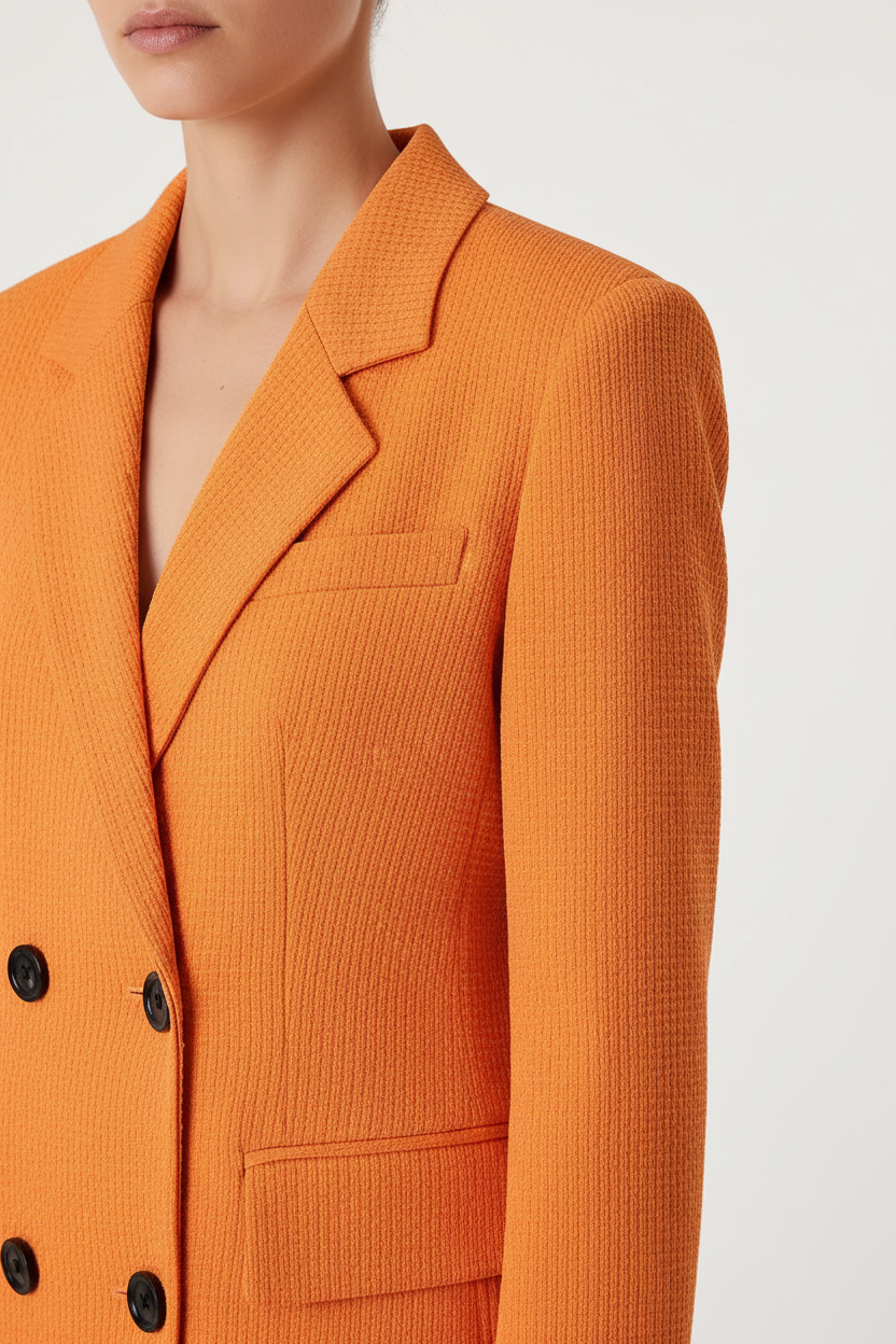 Blazer femme double boutonnage texturé orange veste structurée premium - détail rapproché des épaulettes structurées, tailleur professionnel, construction qualité, silhouette puissante professionnelle créée - BLACK-COAT