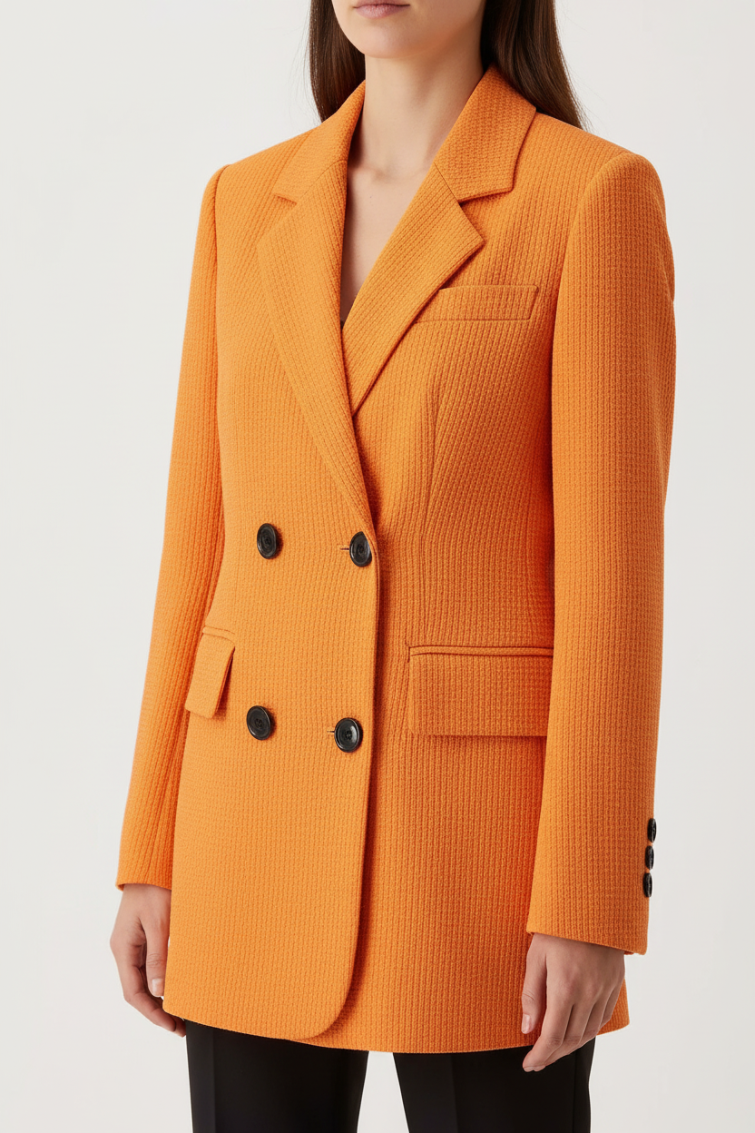 Blazer femme double boutonnage texturé orange veste structurée premium - détail rapproché de la texture raffinée premium captant la lumière élégamment, tissu polyester qualité, couleur orange distinctive, finition luxueuse - BLACK-
