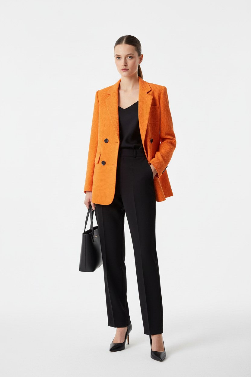 Blazer femme double boutonnage texturé orange veste structurée premium - stylé pour look power dressing bureau montrant l'autorité professionnelle et confiance, tenue boss impeccable, pouvoir professionnel - BLACK-COAT