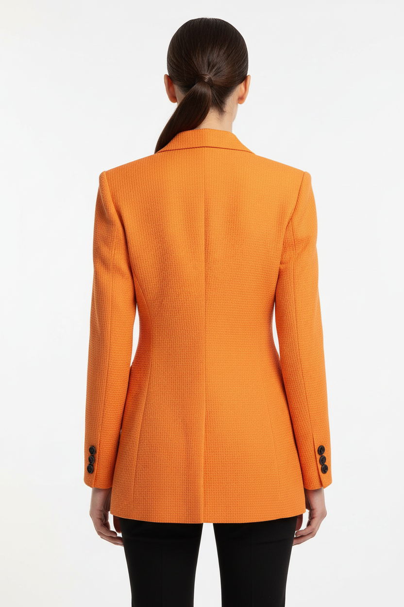 Blazer femme double boutonnage texturé orange veste structurée premium - vue arrière montrant le dos structuré, épaulettes, tissu polyester qualité, coupe professionnelle ajustée, finitions impeccables - BLACK-COAT