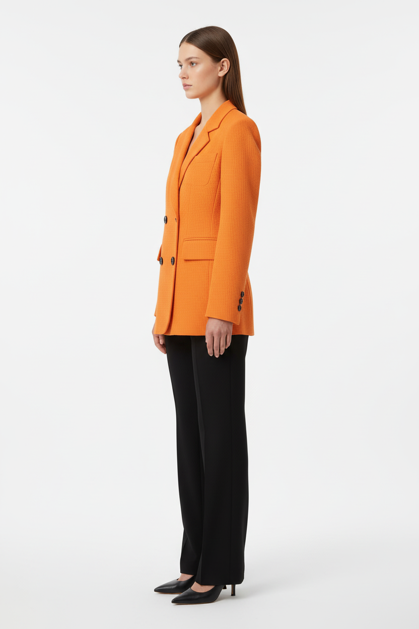 Blazer femme double boutonnage texturé orange veste structurée premium - vue de profil latéral montrant la coupe structurée, fermeture double boutonnage, tissu texturé, épaulettes, silhouette professionnelle ajustée - BLACK-COAT