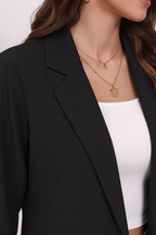  Blazer col revers manches retroussables noir veste élégante femme - détail rapproché du col revers élégant classique, design intemporel, texture tissu polyester qualité, finitions raffinées soignées - BLACK-COAT