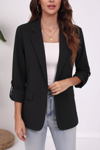 Blazer col revers manches retroussables noir veste élégante femme - manches longues baissées pour look formel montrant l'option styling professionnel, col revers élégant, fermeture boutonnée raffinée, élégance professionnelle - BLACK-COAT