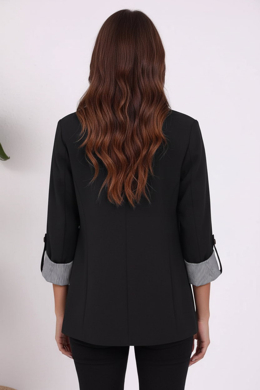  Blazer col revers manches retroussables noir veste élégante femme - vue arrière montrant le dos tailleur structuré, tissu polyester qualité, coupe professionnelle ajustée, finitions impeccables - BLACK-COAT