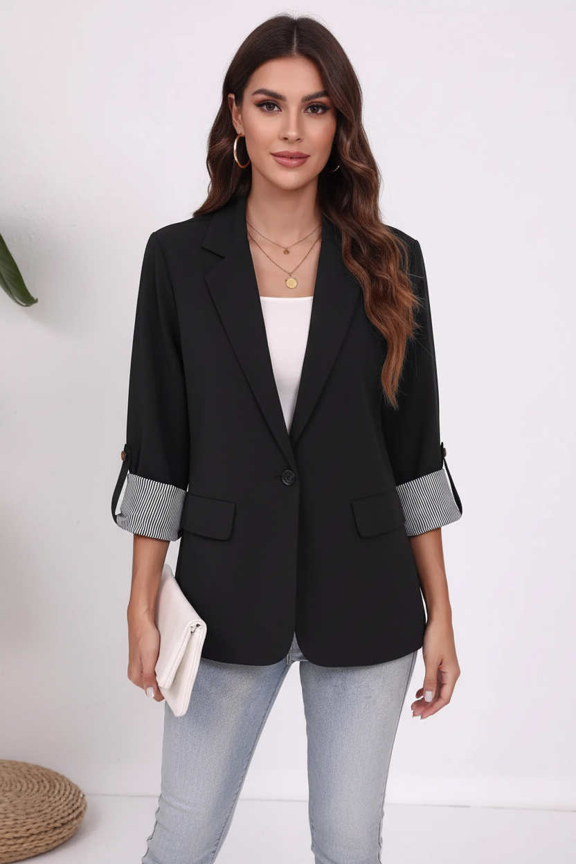 Blazer col revers manches retroussables noir veste élégante femme - vue de face montrant le col revers élégant classique intemporel, manches longues retroussables avec détail rayé, fermeture boutonnée raffinée, coupe tailleur professionnelle - BLACK-COAT