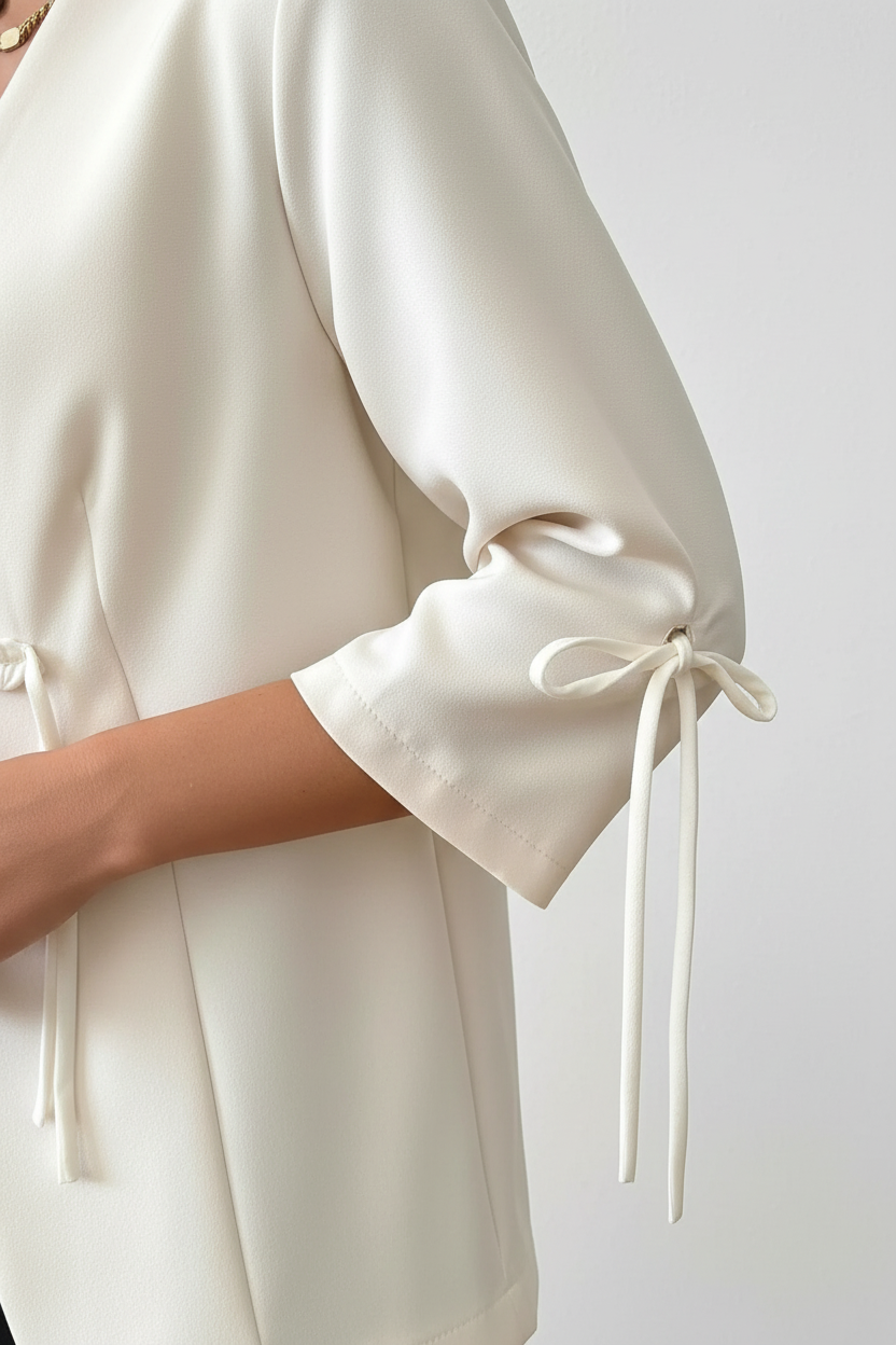 Blazer manches trois-quarts détail noué blanc cassé veste mi-saison femme - détail rapproché du nœud élégant sur les manches, détail noué stylé, longueur trois-quarts, caractéristique design distinctive moderne - BLACK-COAT