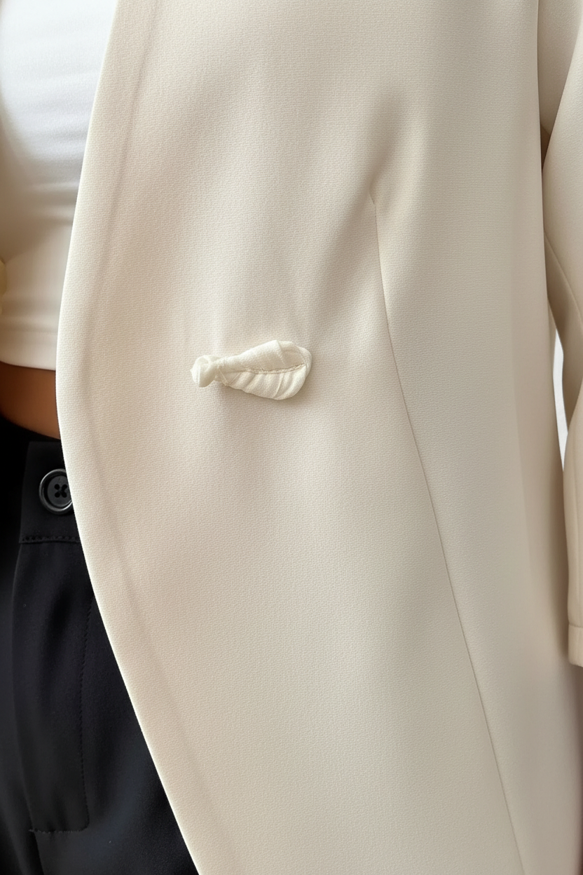  Blazer manches trois-quarts détail noué blanc cassé veste mi-saison femme - détail rapproché de la texture tissu polyester-élasthanne, qualité du matériau, construction non doublée légère, couleur blanc cassé - BLACK-COAT