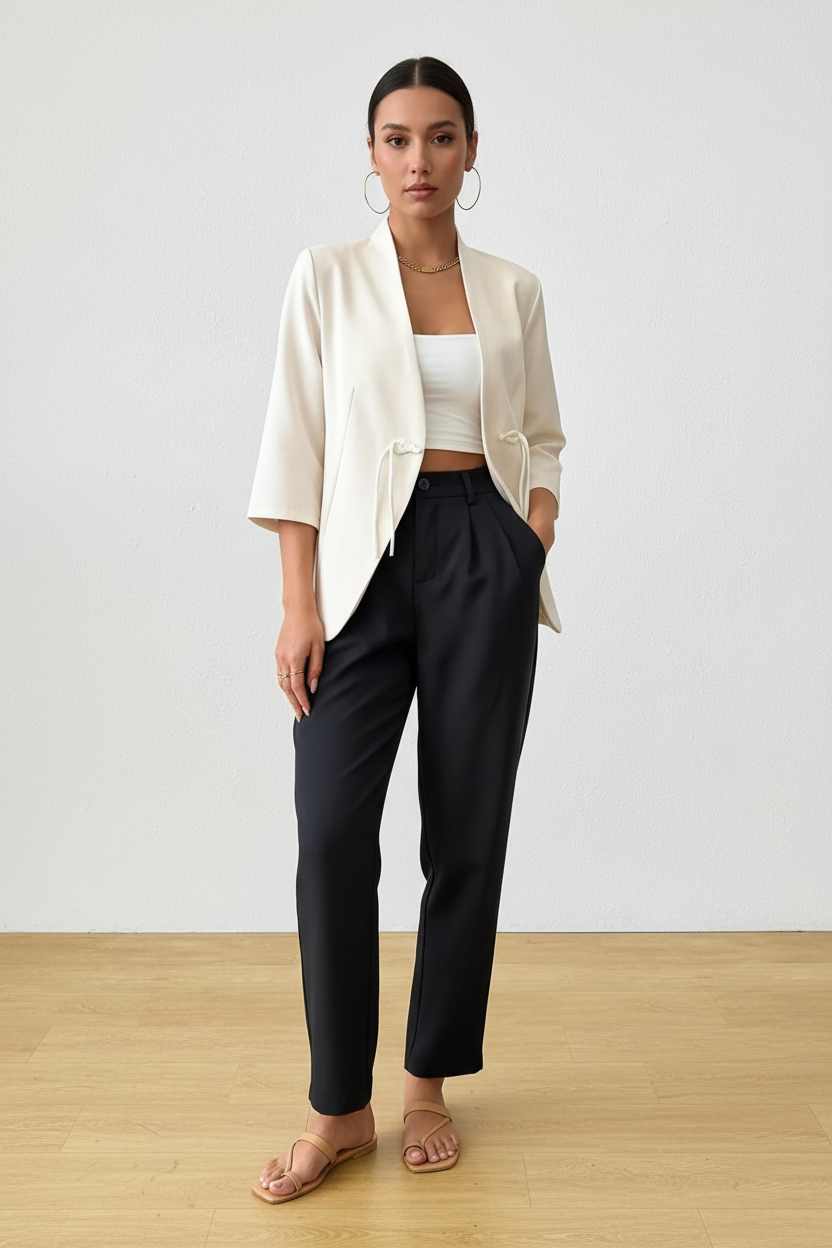 Blazer manches trois-quarts détail noué blanc cassé veste mi-saison femme - stylé pour look casual-chic montrant l'élégance moderne décontractée, construction légère non doublée, style contemporain frais - BLACK-COAT
