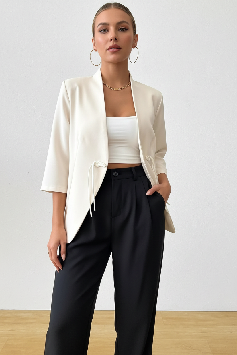 Blazer manches trois-quarts détail noué blanc cassé veste mi-saison femme - pose confiante moderne montrant les manches trois-quarts avec nœud élégant, ouverture devant, tissu polyester-élasthanne, coupe professionnelle contemporaine, polyvalence et sophistication moderne - BLACK-COAT
