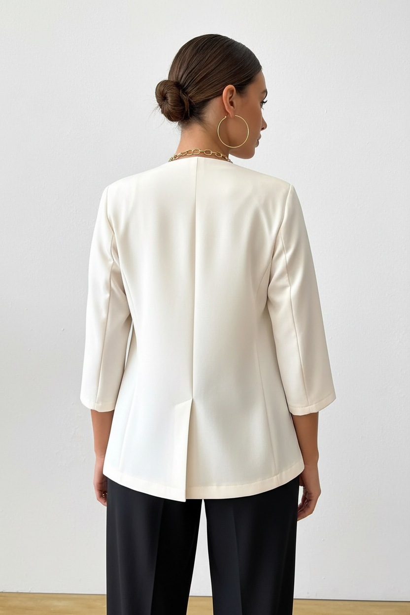 Blazer manches trois-quarts détail noué blanc cassé veste mi-saison femme - vue arrière montrant le dos tailleur moderne, tissu polyester-élasthanne, coupe professionnelle ajustée, finitions soignées - BLACK-COAT