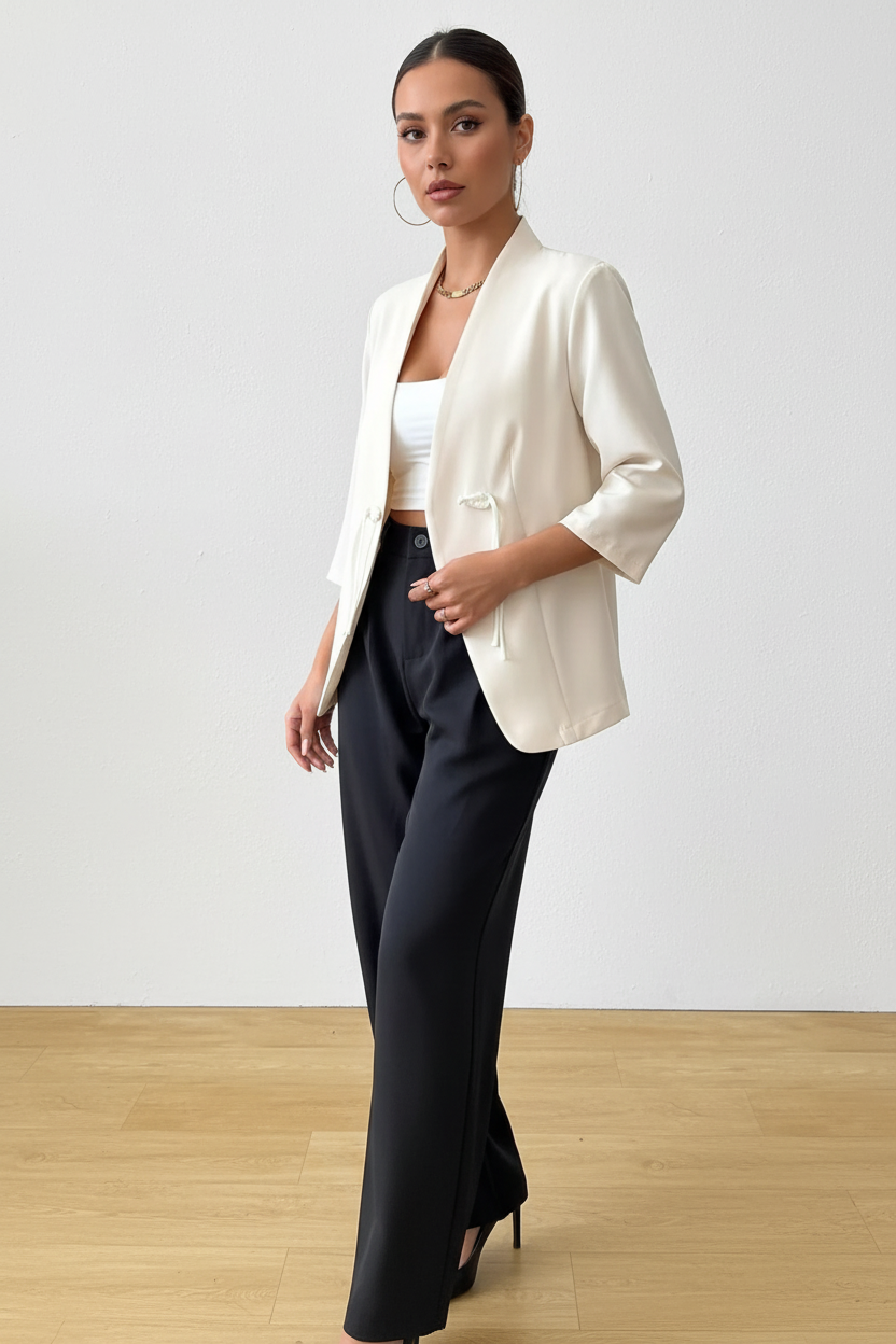 Blazer manches trois-quarts détail noué blanc cassé veste mi-saison femme - vue trois-quarts à 45 degrés montrant la dimension complète du vêtement, manches trois-quarts détail noué, ouverture devant, sophistication contemporaine - BLACK-COAT