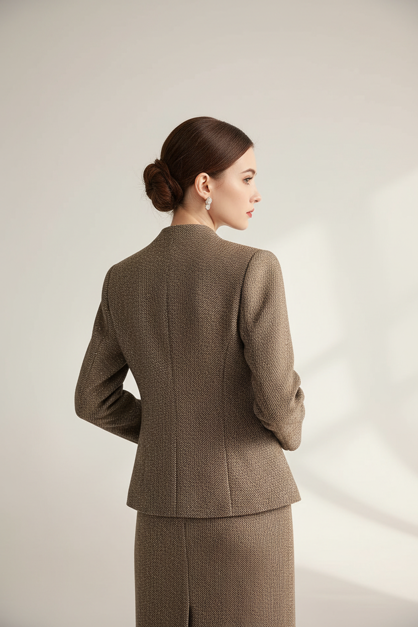 Blazer tweed marron manches longues vue de dos montrant la coupe structurée élégante, les finitions soignées et le style intemporel - BLACK-COAT