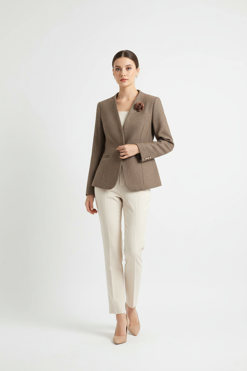 Blazer tweed marron un bouton vue de face montrant la broche florale rose décorative, le col tailleur élégant et la texture tweed sophistiquée - BLACK-COAT