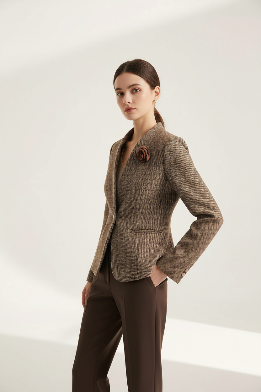Blazer un bouton détails floraux vue trois-quarts montrant l'ensemble du design avec broche rose, texture tweed et élégance romantique - BLACK-COAT