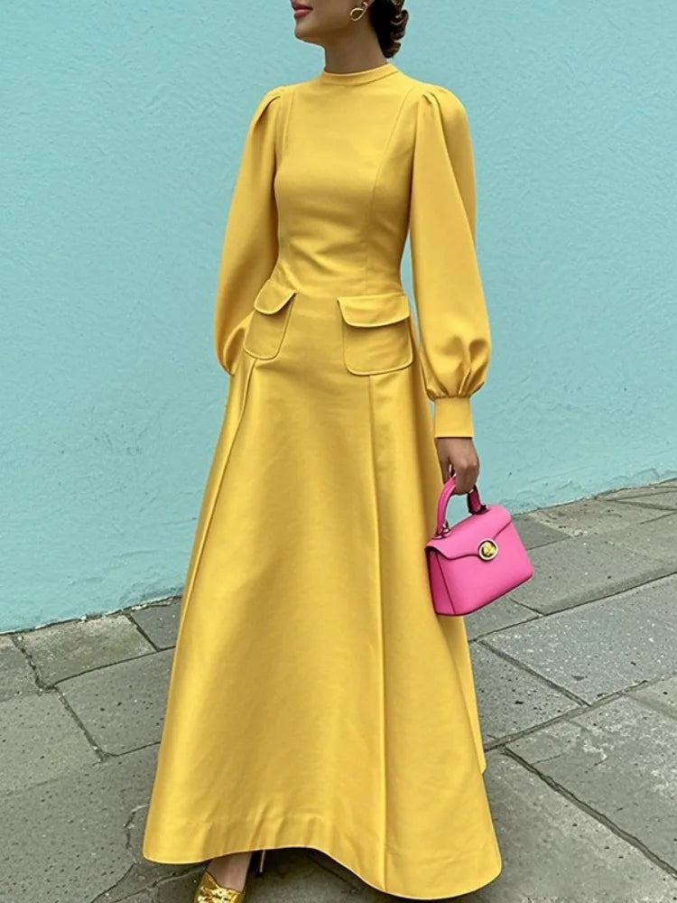 Robe Jaune Femme Manches Bouffantes - Robe Longue Élégante Soirée 2025