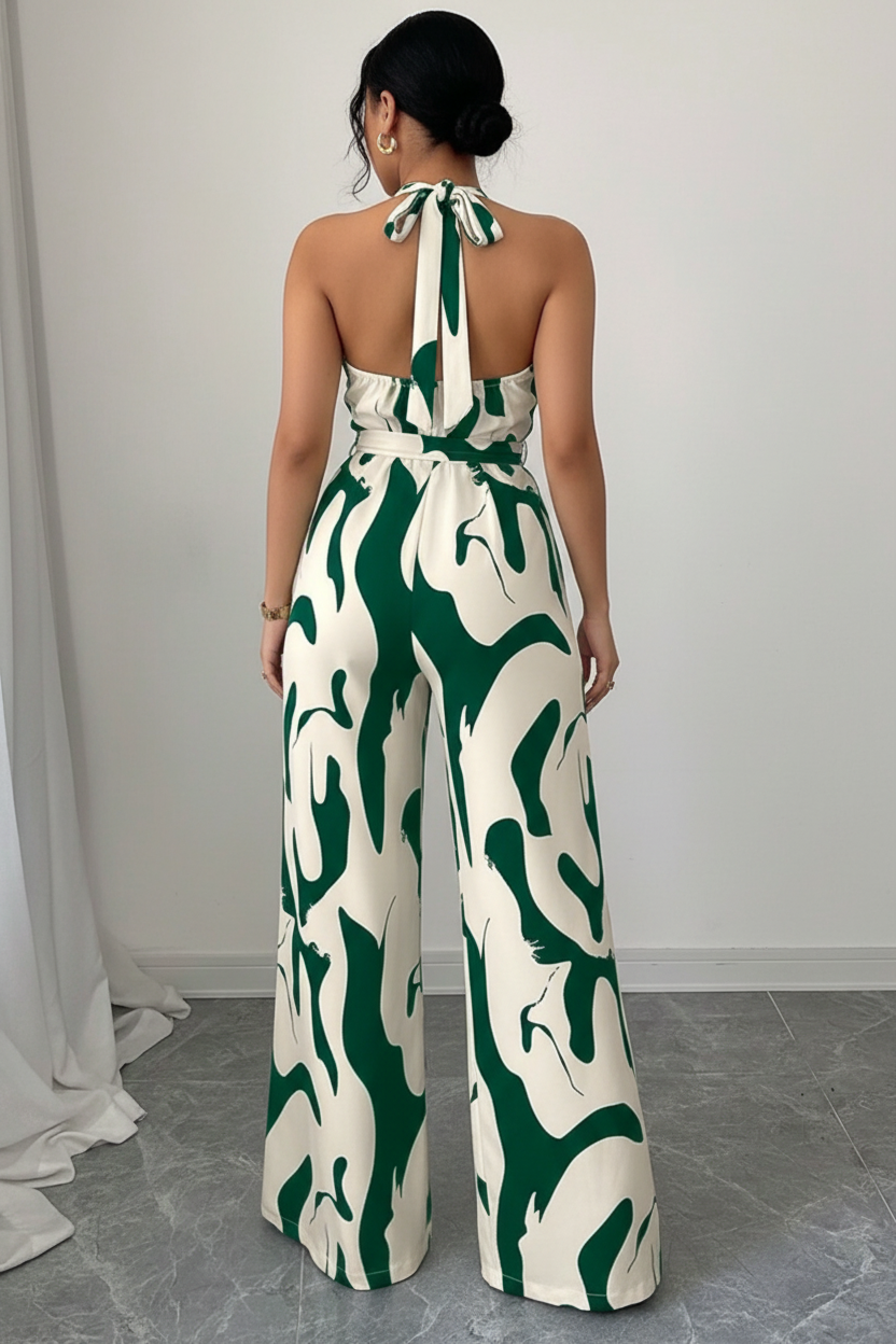Vue arrière de la combinaison pantalon large vert émeraude et blanc crème - vue de dos révélant le laçage halter élégant, la ligne épurée de la silhouette, le pantalon large fluide avec imprimé abstrait vert émeraude sur fond blanc crème, et la ceinture nouée dans le dos - Style éditorial sophistiqué et naturel - Tendance féminine Black-Coat