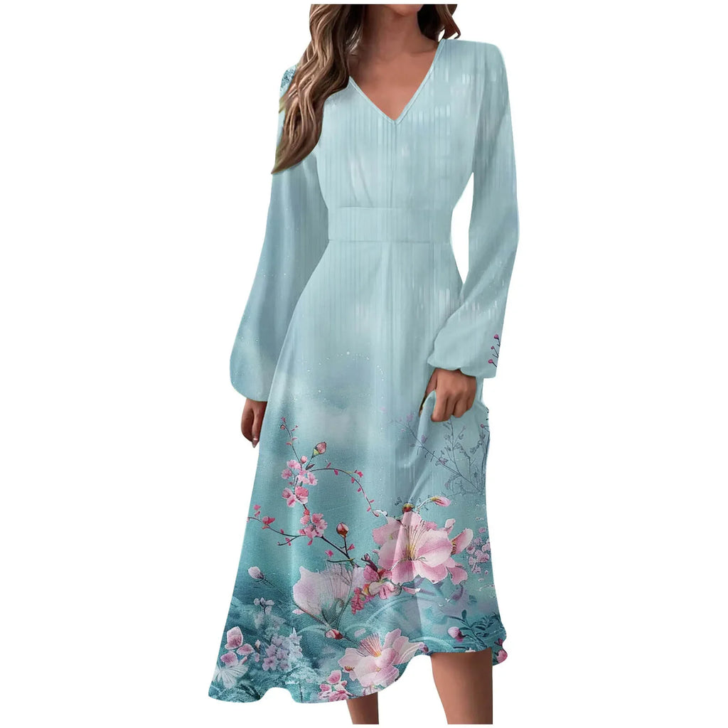 Robe Manches Longues Imprimé Floral Femme - Col V Automne Élégante