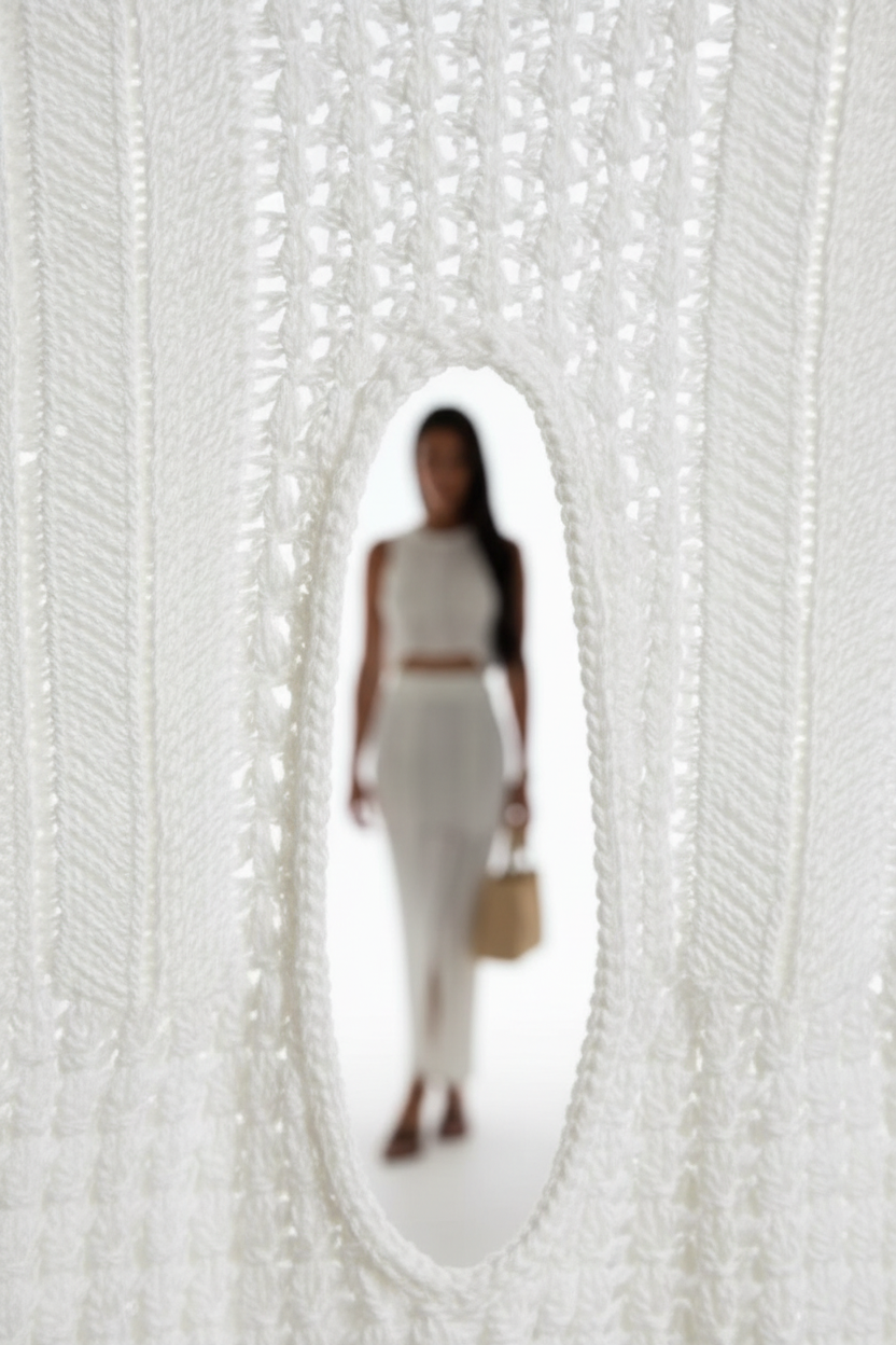 "Ensemble deux pièces crochet blanc - gros plan détail macro montrant le motif crochet ajouré complexe et raffiné, texture tricot artisanale, qualité du travail de maille, finition premium, fond blanc studio BLACK-COAT"