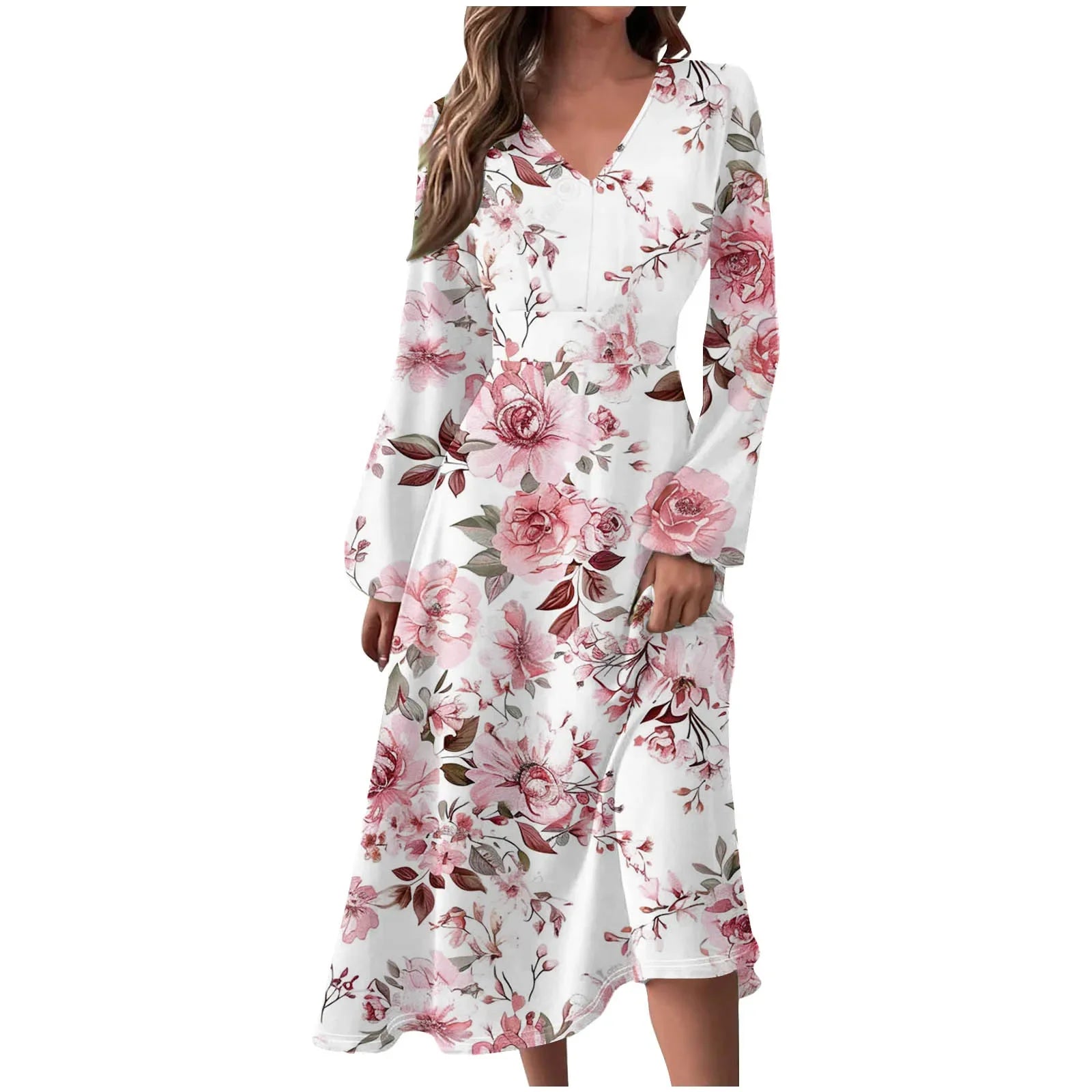 Robe Manches Longues Imprimé Floral Femme - Col V Automne Élégante