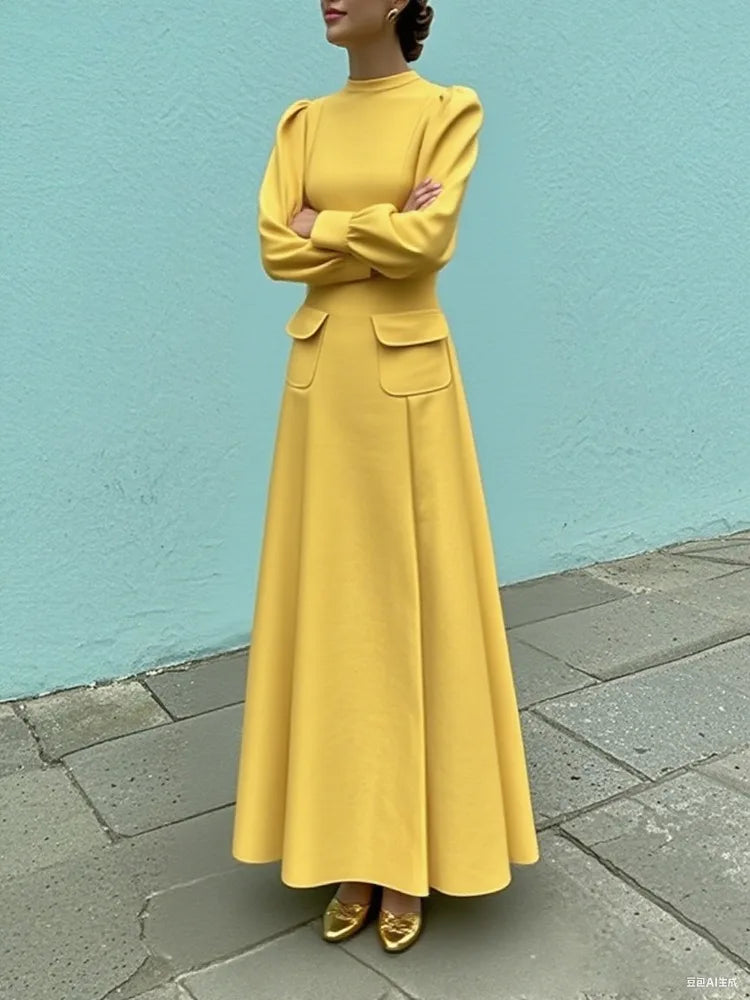 Robe Jaune Femme Manches Bouffantes - Robe Longue Élégante Soirée 2025