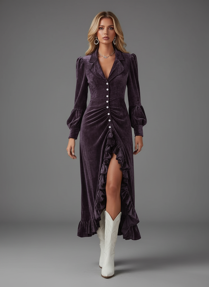 Femme stylée en robe velours midi volants fente complète 