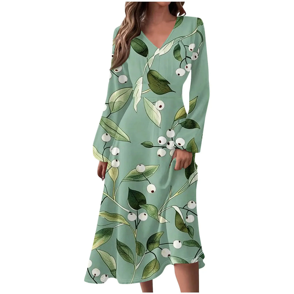 Robe Manches Longues Imprimé Floral Femme - Col V Automne Élégante